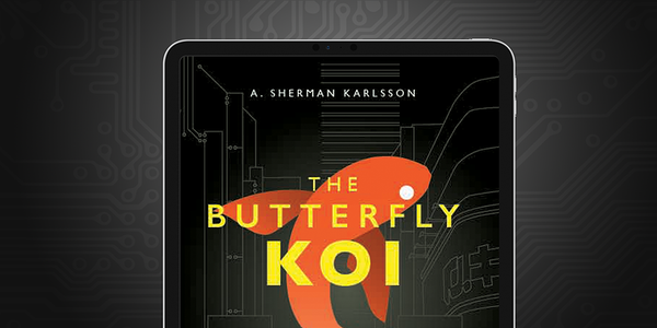 A book cover on an ipad featuring an orange koi, reading A. Sherman Karlsson, The Butterfly Koi